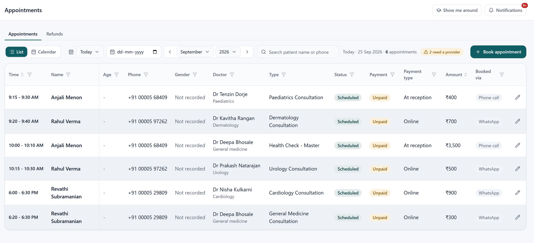 The MediFlow appointments screen for a multi-specialty hospital. Each row carries the time, patient, phone, doctor and department, the status, whether it is paid, the amount, and a Booked via column showing whether that appointment came from WhatsApp or a phone call. The day can be filtered by doctor, service, status, payment or how it was booked.