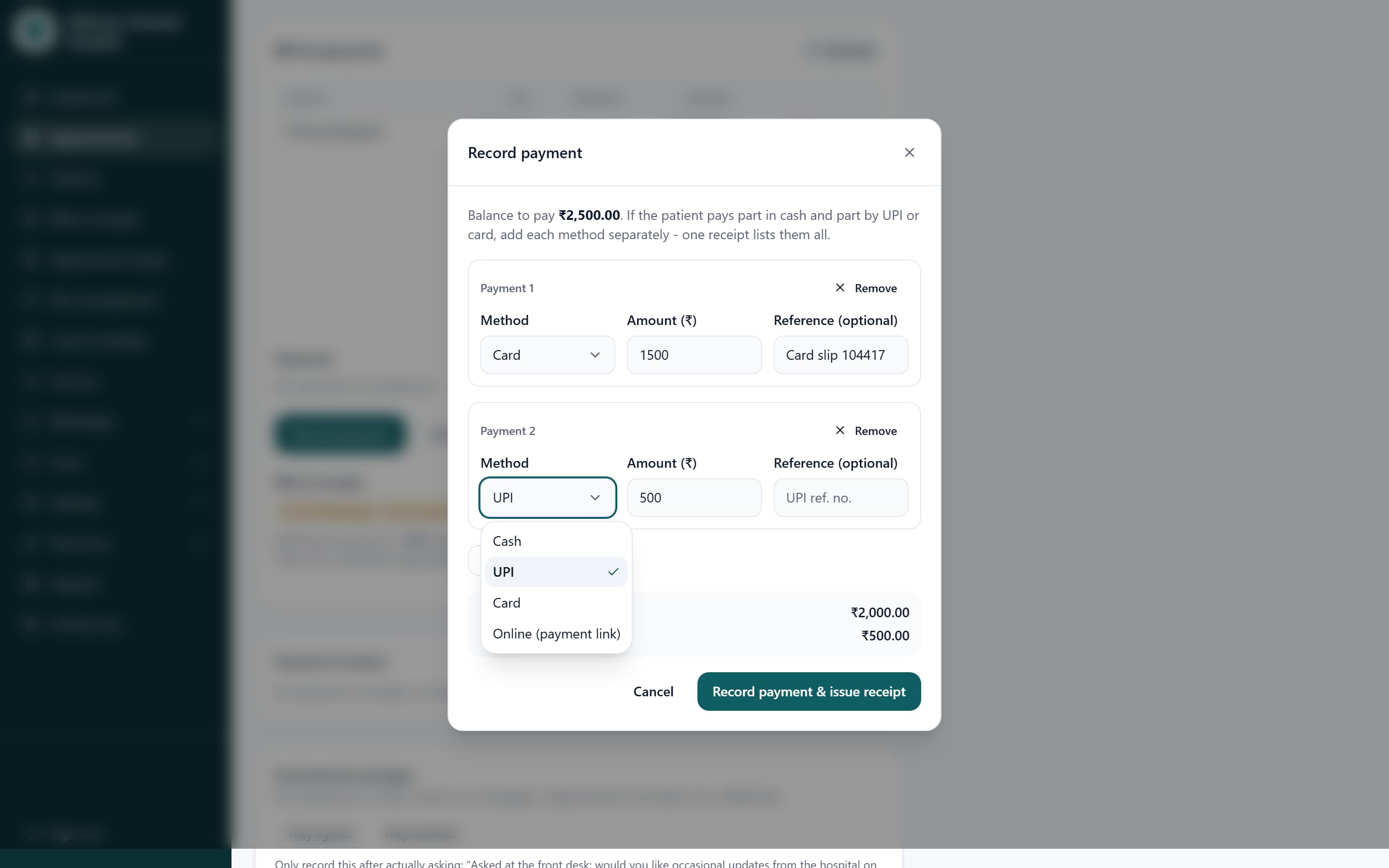 Recording a payment inside a patient's appointment in MediFlow. Against a balance of 2,500 rupees, two payments have been entered: 1,500 by card with a card slip reference, and 500 by UPI, leaving 500 still to pay. The method list is open, showing cash, UPI, card and an online payment link. The dialog totals what has been entered and what is left, and the button reads Record payment and issue receipt.