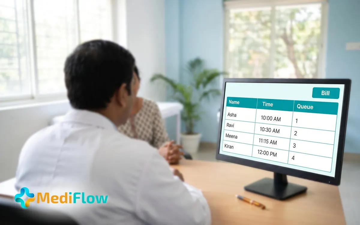 A doctor and a patient looking at a booking and queue list on a desktop screen in a clinic room.