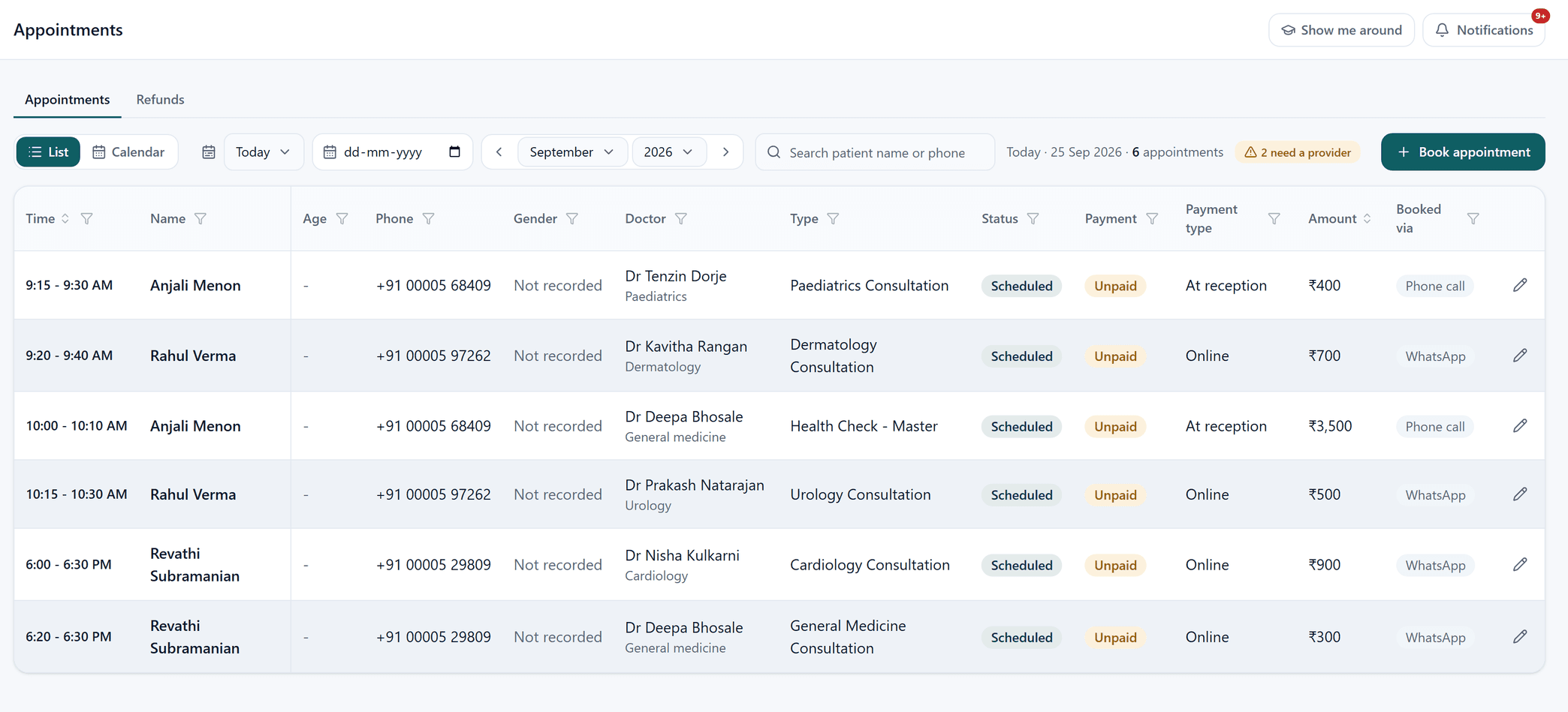 The MediFlow appointments screen for a multi-specialty hospital. Each row carries the time, patient, phone, doctor and department, the status, whether it is paid, the amount, and a Booked via column showing whether that appointment came from WhatsApp or a phone call. The day can be filtered by doctor, service, status, payment or how it was booked.