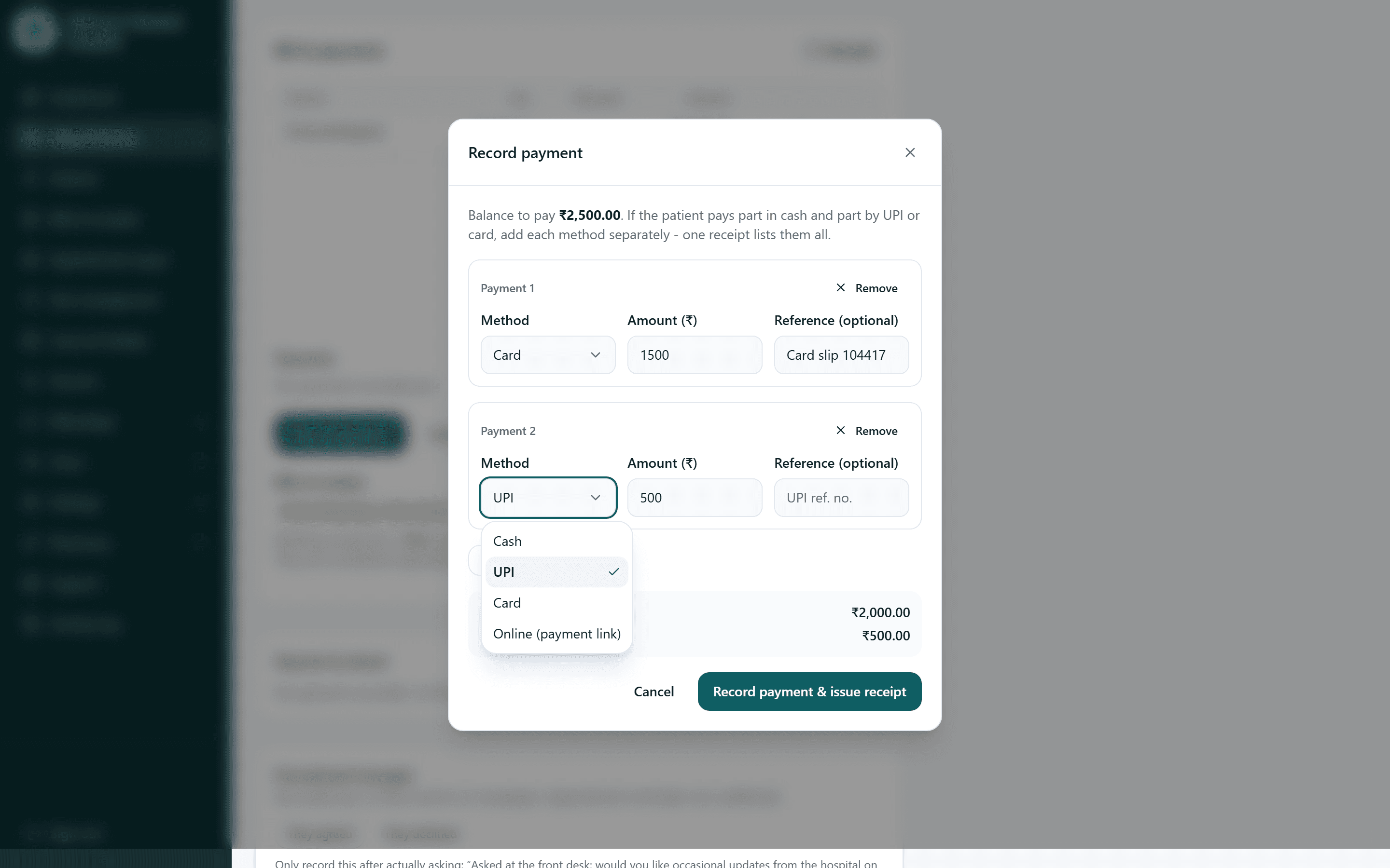 Recording a payment inside a patient's appointment in MediFlow. Against a balance of 2,500 rupees, two payments have been entered: 1,500 by card with a card slip reference, and 500 by UPI, leaving 500 still to pay. The method list is open, showing cash, UPI, card and an online payment link. The dialog totals what has been entered and what is left, and the button reads Record payment and issue receipt.
