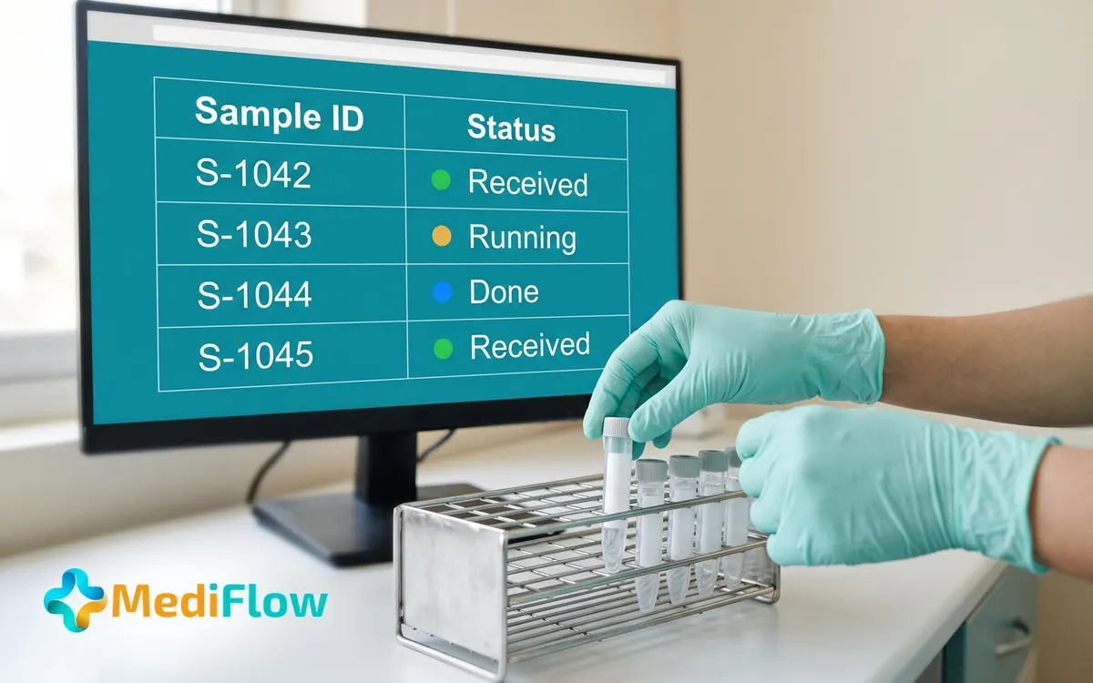 A laboratory technician working at a bench with samples and a screen showing a worklist.