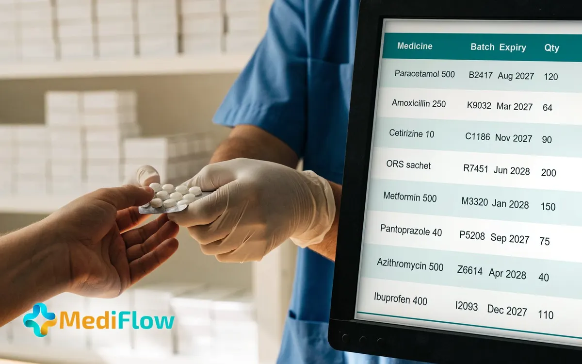 A pharmacist at a hospital pharmacy counter checking stock on a screen.