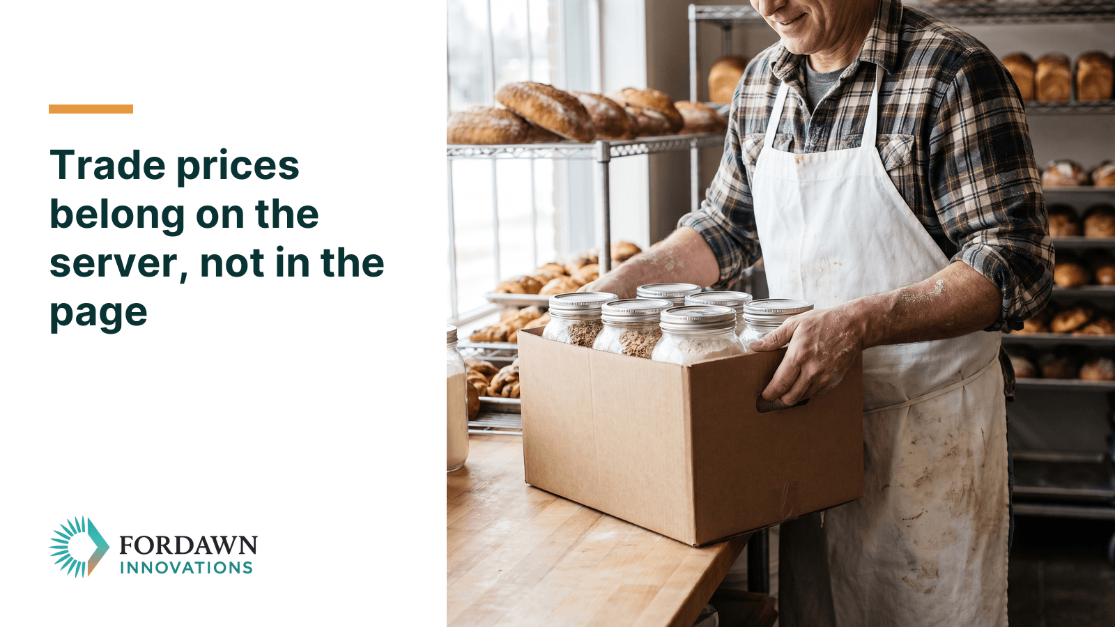 A baker in a white apron lifts a cardboard box of plain ingredient jars at a wholesale pick-up counter, with fresh bread behind him. Headline beside it: Trade prices belong on the server, not in the page.