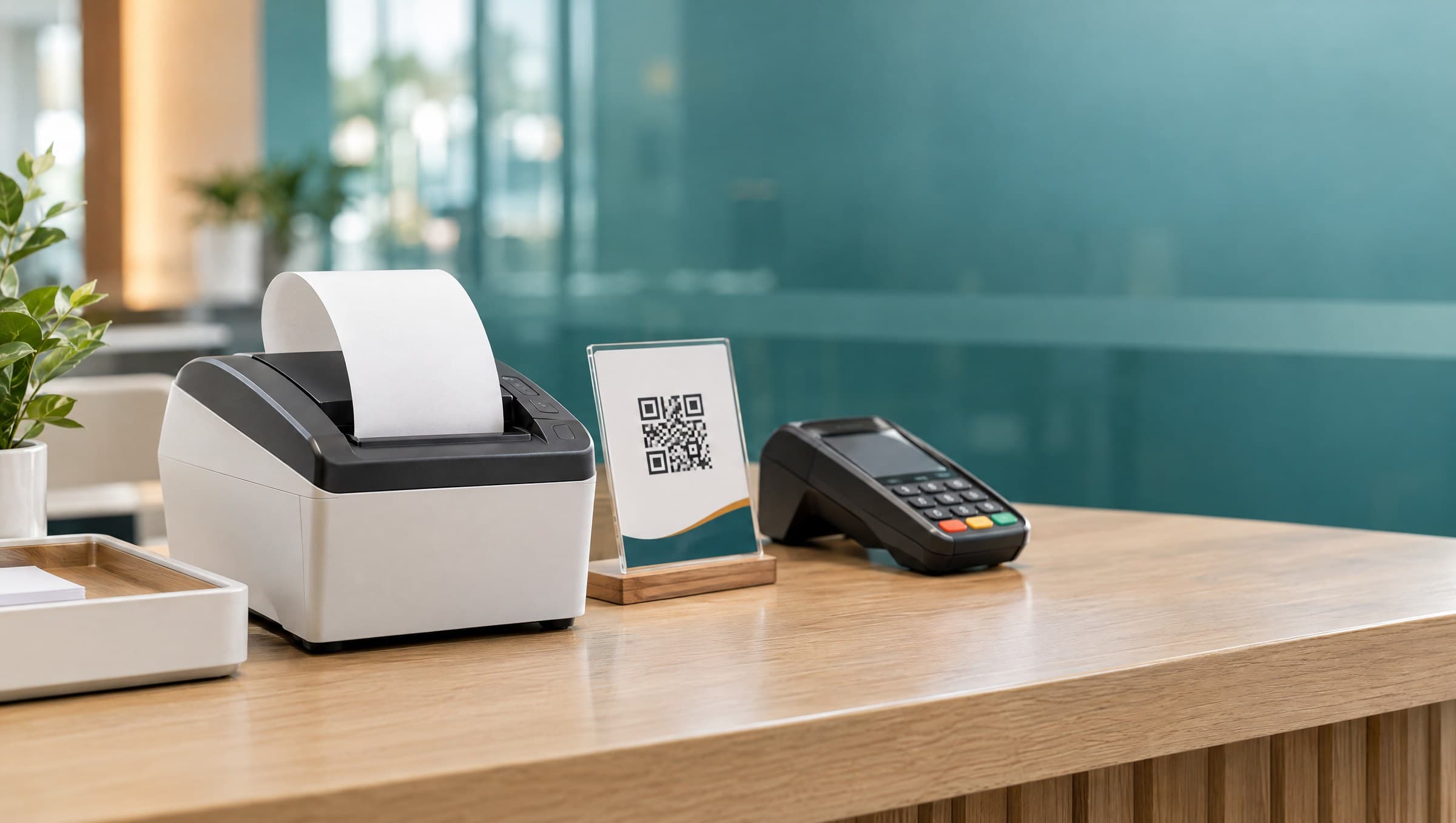 A hospital billing counter with a receipt printer, a QR payment stand and a card terminal on a light-oak top. No people.