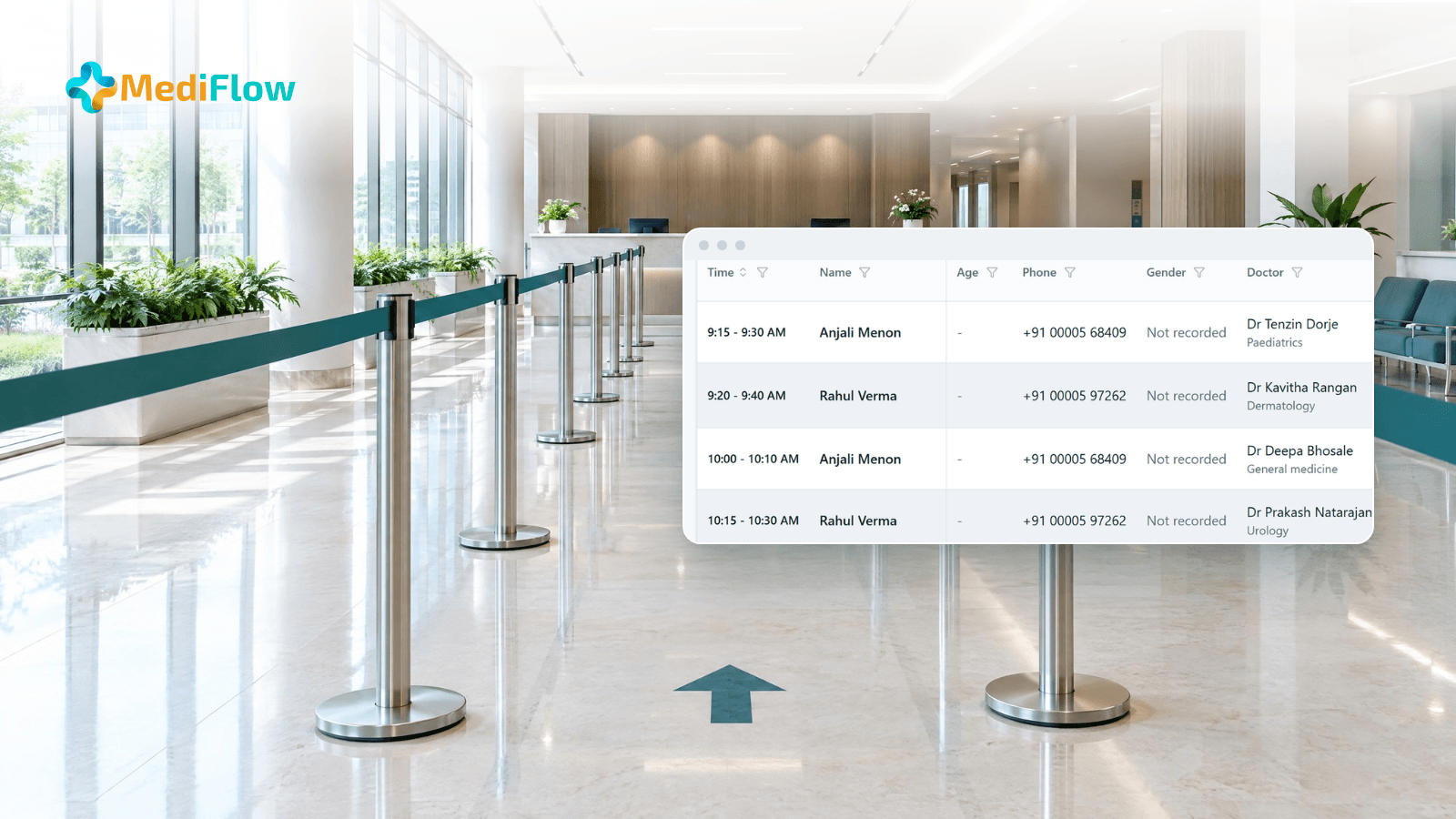 A bright hospital queue lane marked by steel posts and teal belts leading to the reception desk, with the MediFlow appointments list from a demo hospital in front and the MediFlow logo.